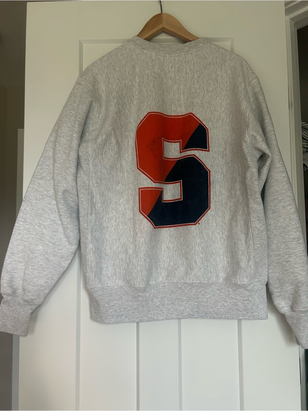Champion Gray Syracuse Crewneck Sweatshirt with Orange-Outlined Navy Lettering - Picture 4 of 5